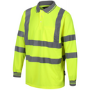High-visibility yellow long-sleeve shirt with reflective stripes on a white background