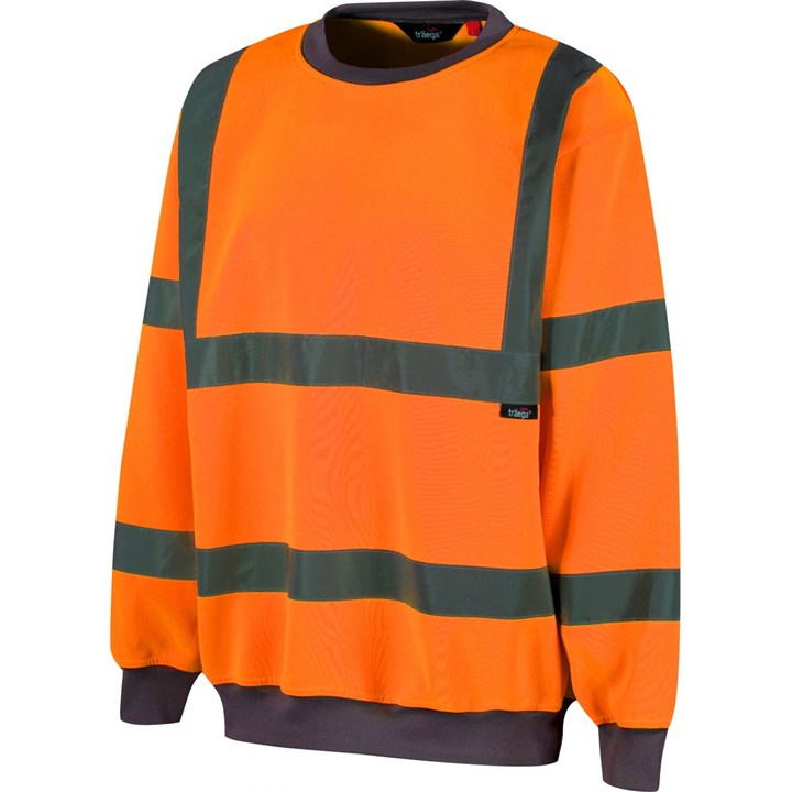 Traega Hi-Vis Sweatshirt TSW12 shown side by side in hi-vis yellow and hi-vis orange, both with reflective bands and braces visible.