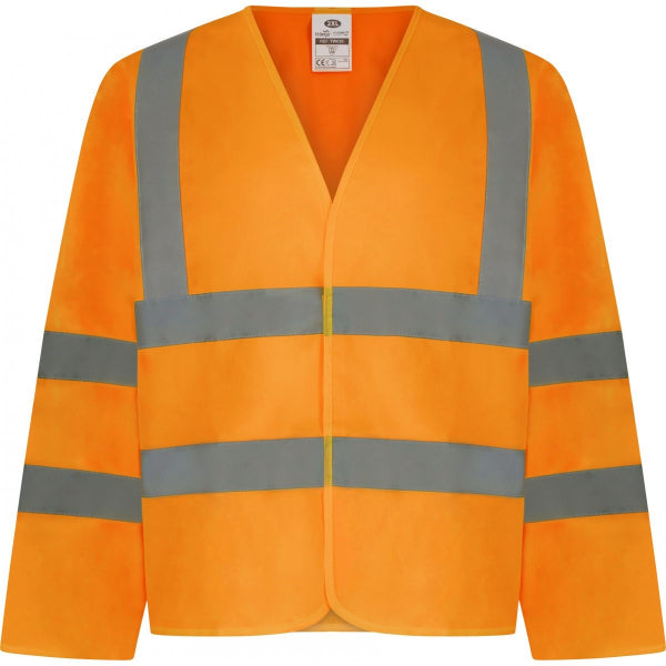 Traega Long-Sleeved Hi-Vis Waistcoat Band and Brace TWC03 in hi-vis orange, front view showing long sleeves with reflective bands