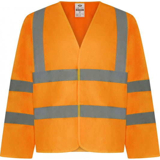 Traega Long-Sleeved Hi-Vis Waistcoat Band and Brace TWC03 in hi-vis orange, front view showing long sleeves with reflective bands