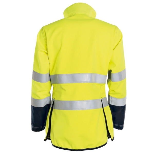 Back view of the Tranemo Flame Retardant Ladies Hi-Vis Jacket 503788 in fluorescent yellow and navy showing Cantex Stretch back panel and side slits.