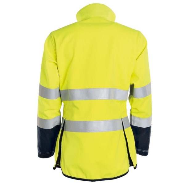 Back view of the Tranemo Flame Retardant Ladies Hi-Vis Jacket 503788 in fluorescent yellow and navy showing Cantex Stretch back panel and side slits.
