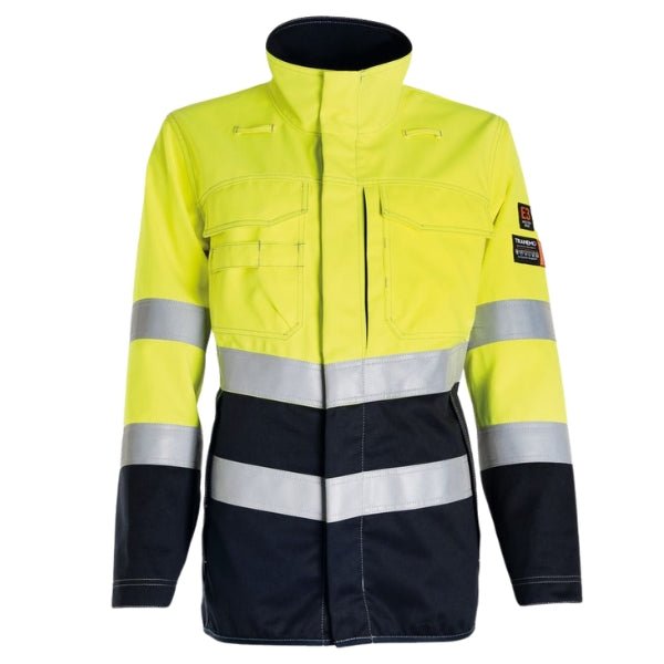 Front view of the Tranemo Flame Retardant Ladies Hi-Vis Jacket 503788 in fluorescent yellow and navy showing concealed zip, press stud placket and hi-vis panels.