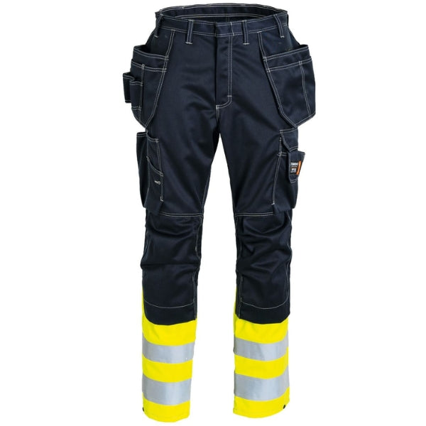 Front view of the Tranemo Flame Retardant Craftsman Trousers 505088 showing Cantex Weld front panel, Hi-Vis detailing and double tool pockets.