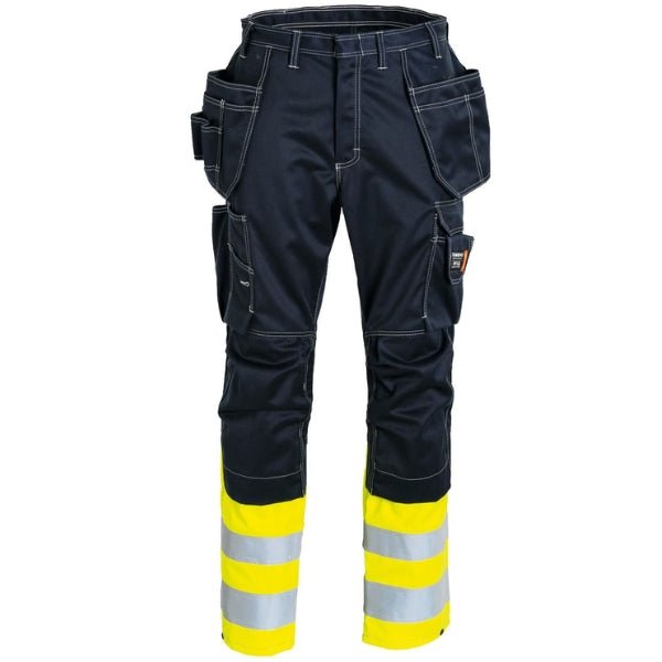 Front view of the Tranemo Flame Retardant Craftsman Trousers 505088 showing Cantex Weld front panel, Hi-Vis detailing and double tool pockets.
