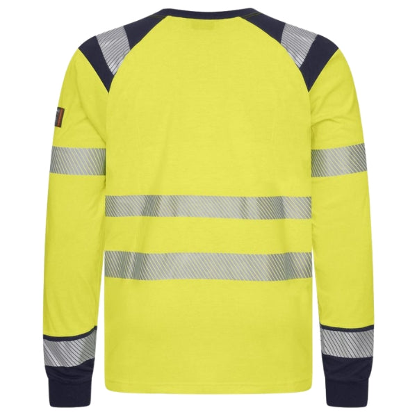 Back view of the Tranemo Flame Retardant Hi-Vis T-Shirt 508289 in yellow and navy showing reflective stripe placement and Hi-Vis panels.