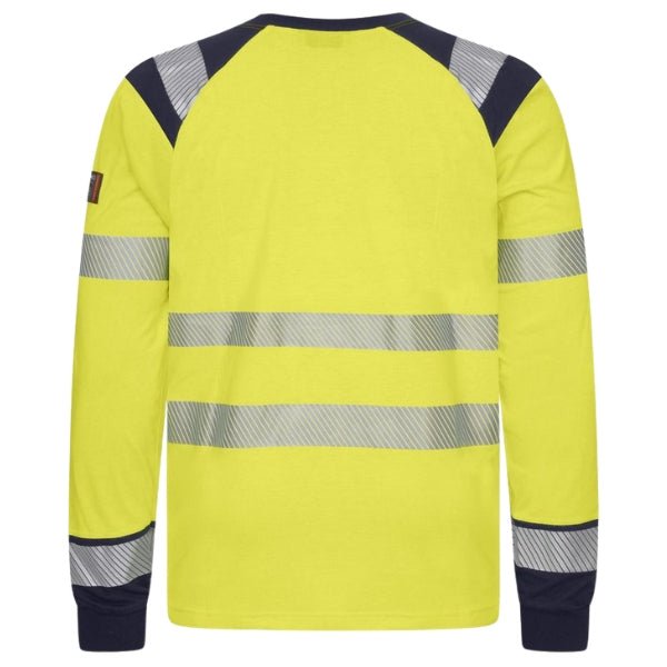Back view of the Tranemo Flame Retardant Hi-Vis T-Shirt 508289 in yellow and navy showing reflective stripe placement and Hi-Vis panels.