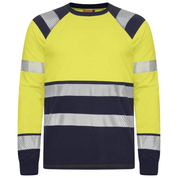 Front view of the Tranemo Flame Retardant Hi-Vis T-Shirt 508289 in yellow and navy showing Hi-Vis Class 2 detailing and heat-sealed reflective stripes.