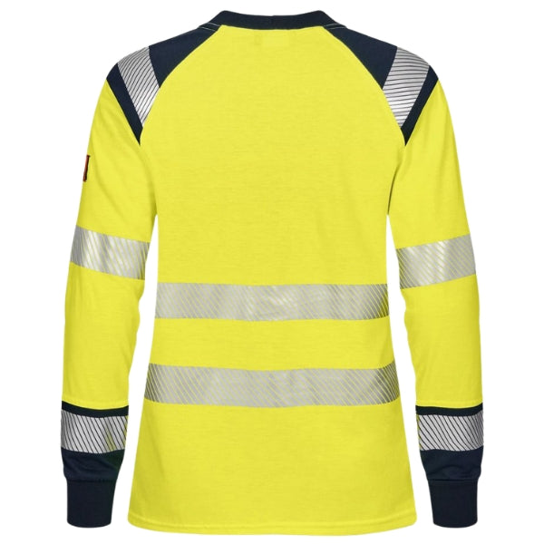 Back view of the Tranemo Flame Retardant Ladies Hi-Vis T-Shirt 508989 showing reflective stripe layout and long sleeve cut.