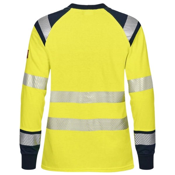 Back view of the Tranemo Flame Retardant Ladies Hi-Vis T-Shirt 508989 showing reflective stripe layout and long sleeve cut.