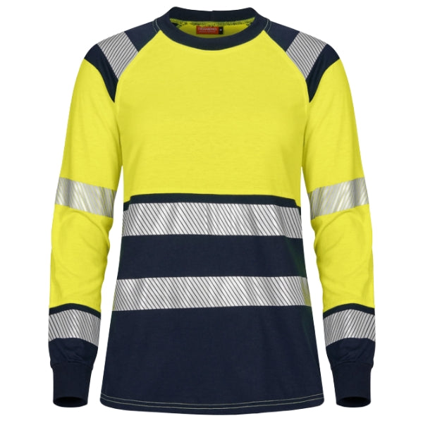 Front view of the Tranemo Flame Retardant Ladies Hi-Vis T-Shirt 508989 in high-visibility orange showing round neck and reflective stripe placement.