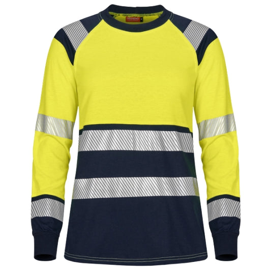 Front view of the Tranemo Flame Retardant Ladies Hi-Vis T-Shirt 508989 in high-visibility orange showing round neck and reflective stripe placement.