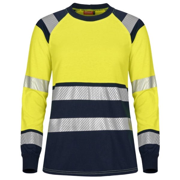Front view of the Tranemo Flame Retardant Ladies Hi-Vis T-Shirt 508989 in high-visibility orange showing round neck and reflective stripe placement.