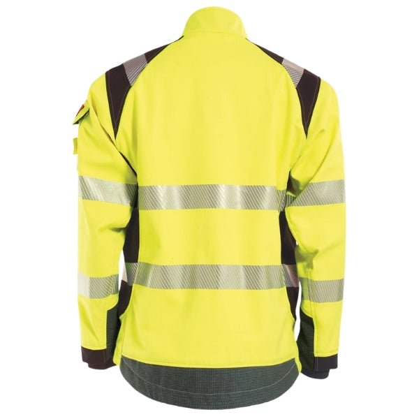 Back view of the Tranemo Flame Retardant Hi-Vis Softshell Jacket 514595 in fluorescent yellow showing reflective tape and ergonomic shaping.