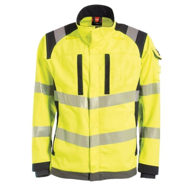 Front view of the Tranemo Flame Retardant Hi-Vis Softshell Jacket 514595 in fluorescent yellow showing concealed zip, storm flap and heat-sealed reflective stripes.