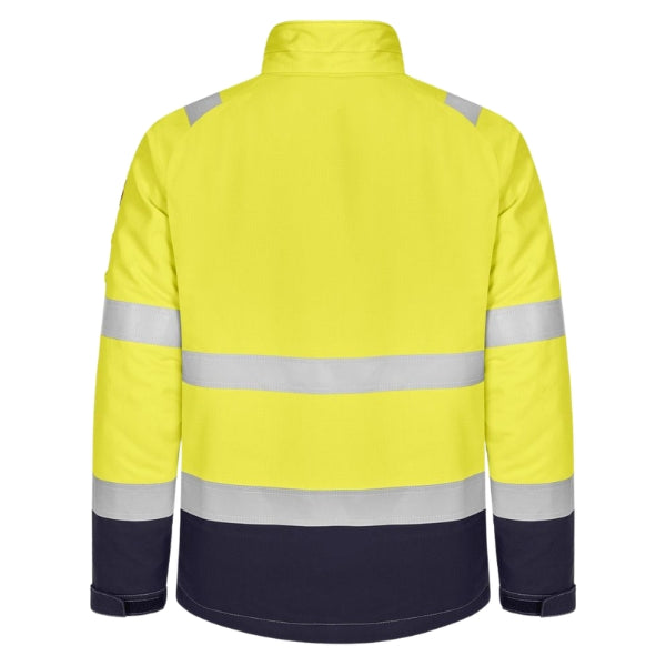 Back view of the Tranemo Flame Retardant Hi-Vis Winter Jacket 580181 in fluorescent yellow and navy showing reflective tape and extended hem.