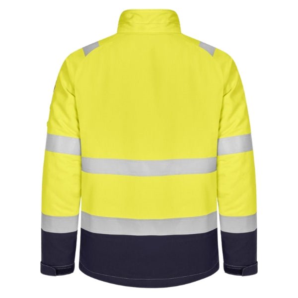 Back view of the Tranemo Flame Retardant Hi-Vis Winter Jacket 580181 in fluorescent yellow and navy showing reflective tape and extended hem.