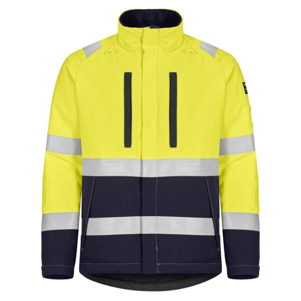 Front view of the Tranemo Flame Retardant Hi-Vis Winter Jacket 580181 in fluorescent yellow and navy showing hidden zip placket, press studs and reflective stripes.