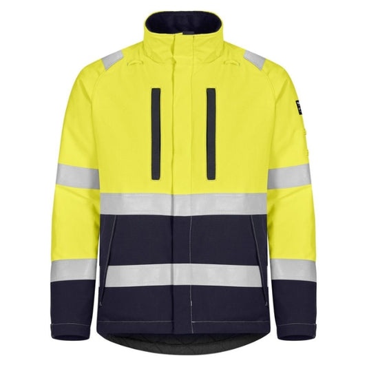 Front view of the Tranemo Flame Retardant Hi-Vis Winter Jacket 580181 in fluorescent yellow and navy showing hidden zip placket, press studs and reflective stripes.