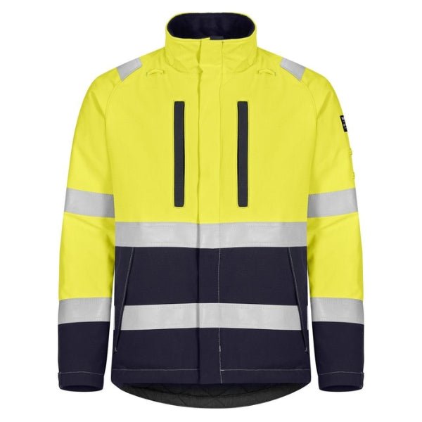 Front view of the Tranemo Flame Retardant Hi-Vis Winter Jacket 580181 in fluorescent yellow and navy showing hidden zip placket, press studs and reflective stripes.