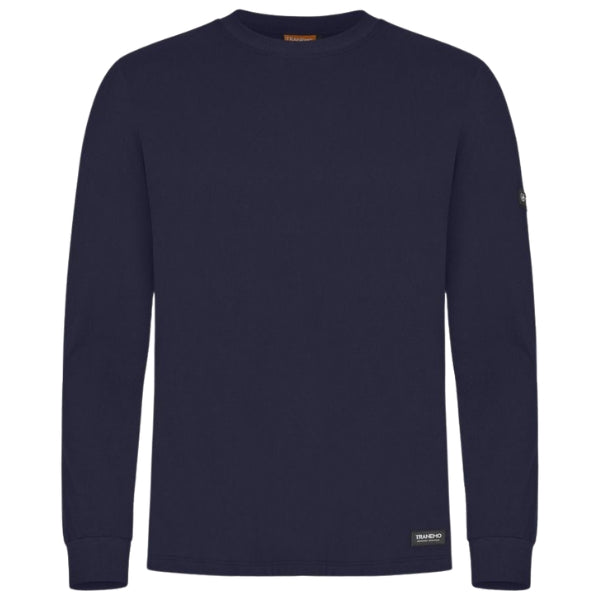 Front view of the Tranemo Flame Retardant Long Sleeve T-Shirt 594789 showing round neck, long sleeves and knitted cuffs.