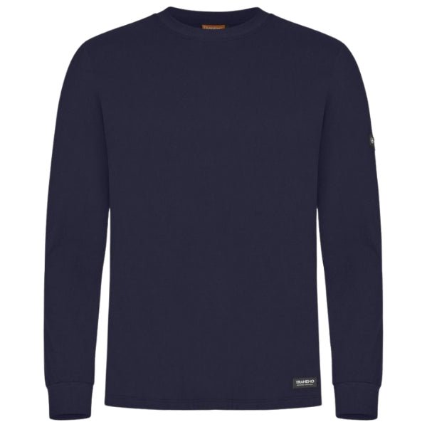 Front view of the Tranemo Flame Retardant Long Sleeve T-Shirt 594789 showing round neck, long sleeves and knitted cuffs.