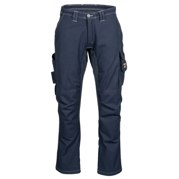 Front view of the Tranemo Flame Retardant Stretch Trousers 602281 showing cargo pocket layout and shaped knee panels.
