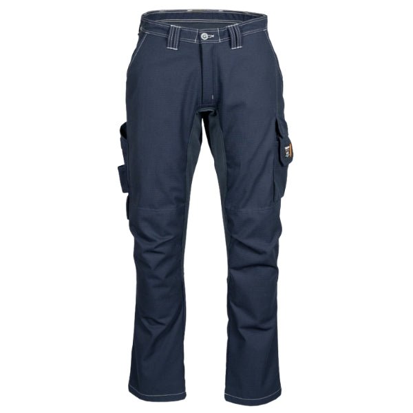 Front view of the Tranemo Flame Retardant Stretch Trousers 602281 showing cargo pocket layout and shaped knee panels.