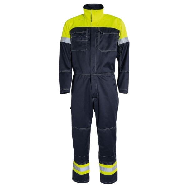 Front view of the Tranemo Flame Retardant Boilersuit 571088 in the Cantex WS range showing concealed zip, chest pockets and contrast stitching.