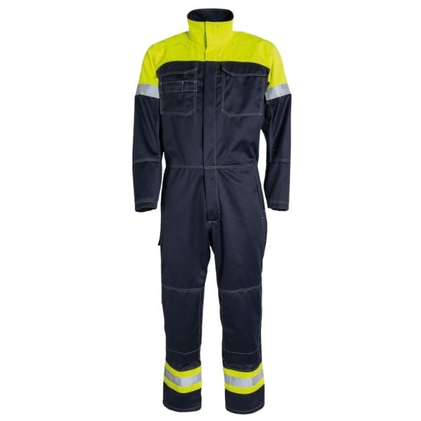 Front view of the Tranemo Flame Retardant Boilersuit 571088 in the Cantex WS range showing concealed zip, chest pockets and contrast stitching.