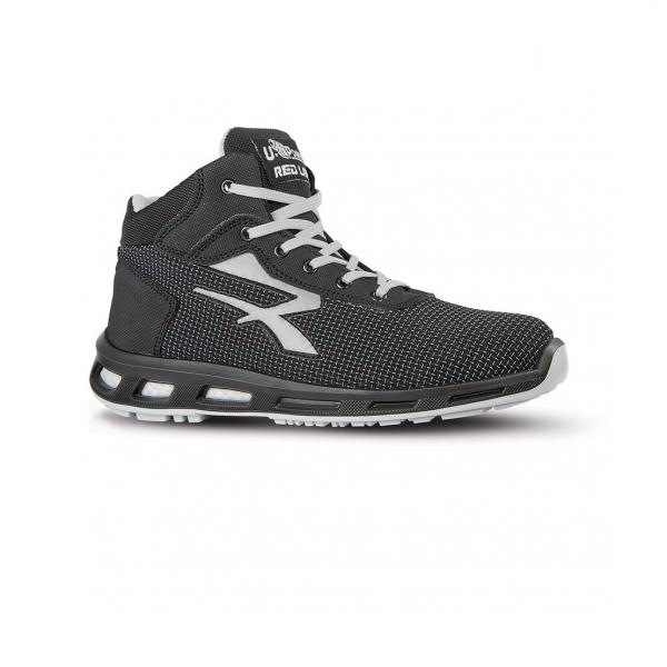 Side profile of the U-Power Stego safety shoe highlighting lightweight build, cushioned support and anti static sole construction.