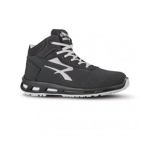Side profile of the U-Power Stego safety shoe highlighting lightweight build, cushioned support and anti static sole construction.