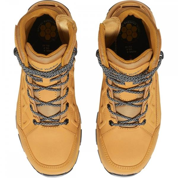 Pair of tan work boots with gray laces on a white background. Hard Yakka Atomic Safety Boots.