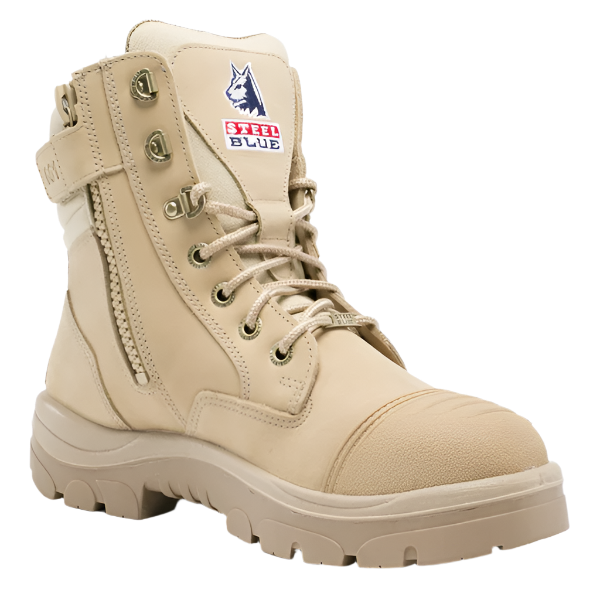 Steel toe cap detail on Southern Cross Zip work boot available at Kustom Workwear.