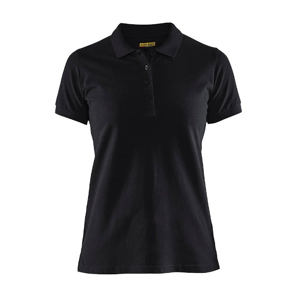 A black ladies polo shirt with a rib knit collar and cuffs, featuring reinforced neck and shoulder seams.