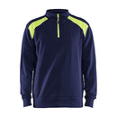 A navy and green Blaklader 3353 half-zip 2-tone sweatshirt with a high collar and zipper.