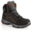 A black safety boot with orange accents, featuring a steel toe cap and a Kevlar protective midsole.