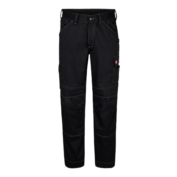 A pair of black Engel combat cotton trousers with multiple pockets and reinforced knees, designed for workwear.