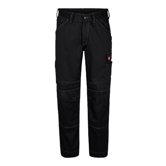 A pair of black Engel combat cotton trousers with multiple pockets and reinforced knees, designed for workwear.