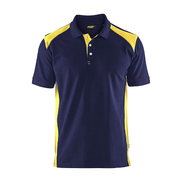 Navy blue and yellow Blaklader polo shirt with ribbed collar and reinforced neck and shoulder seams.