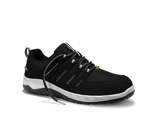 A black safety shoe with lace-up closure, featuring a steel toe cap and non-metallic midsole.