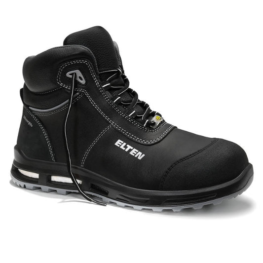 A black, steel-toed safety footwear with a padded tongue and a branded logo on the side.
