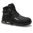 A black, steel-toed safety footwear with a padded tongue and a branded logo on the side.