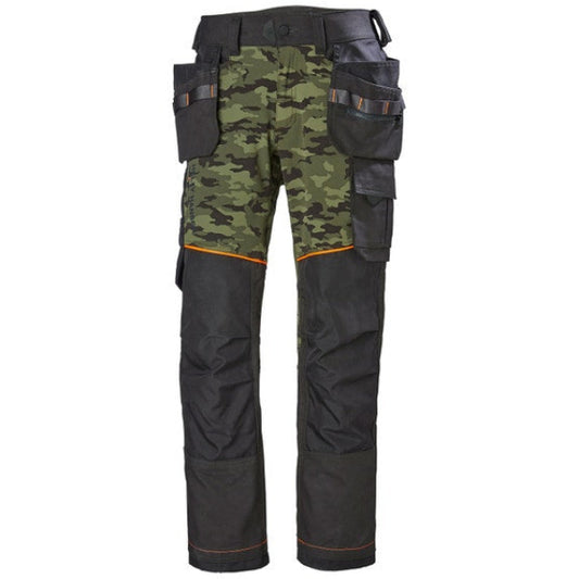 A pair of Helly Hansen work trousers featuring multiple pockets and reinforced fabric sections.