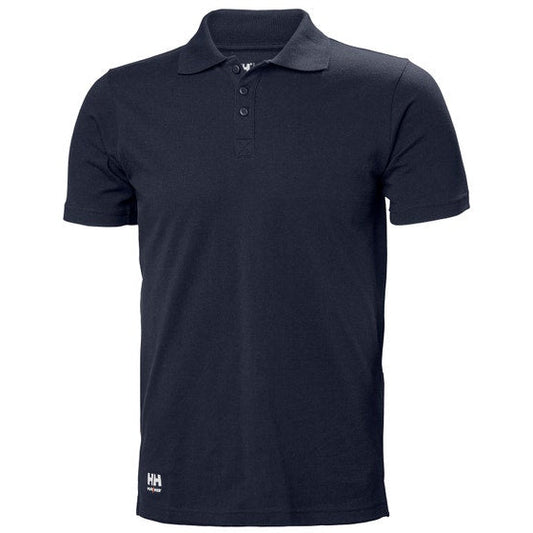 Navy blue polo shirt with a brand logo on a white background.