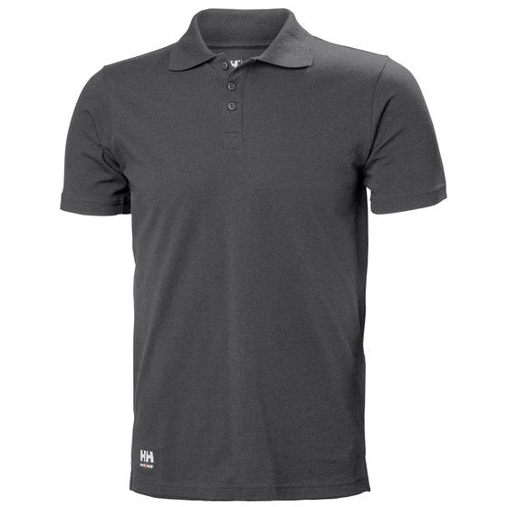 A Grey Helly Hansen polo shirt with a ribbed collar and buttoned front placket.