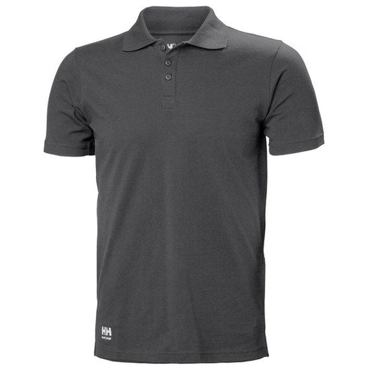 A Grey Helly Hansen polo shirt with a ribbed collar and buttoned front placket.