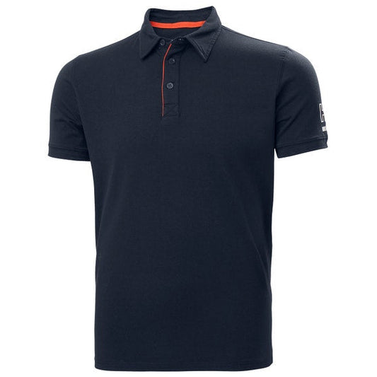 Navy blue polo shirt with orange accents on a white background.