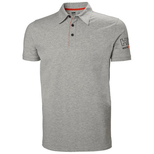 A gray Helly Hansen Kensington Polo shirt with a buttoned front placket and the brand's logo on the chest.