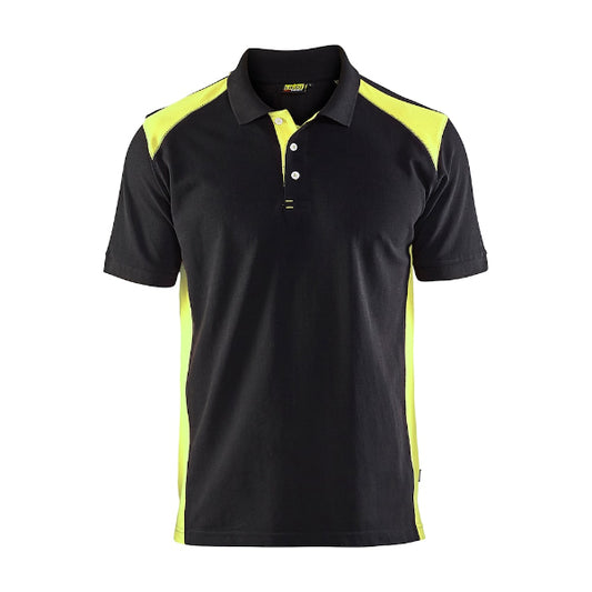 A short-sleeved Blaklader polo shirt in black with yellow accents, featuring a ribbed collar and reinforced neck and shoulder seams.